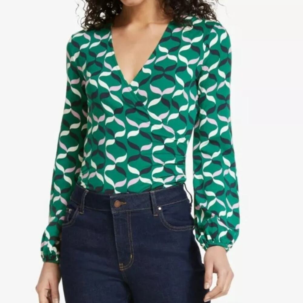 Boden Faux Wrap Top Womens Size 2 Green Ribbon Print Ruched Casual Knit